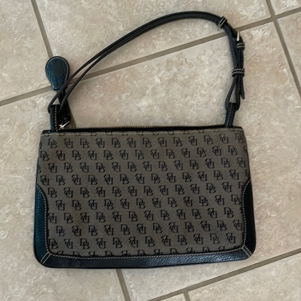 Small DB shoulder purse . Black and grey fabric bag/w leather .